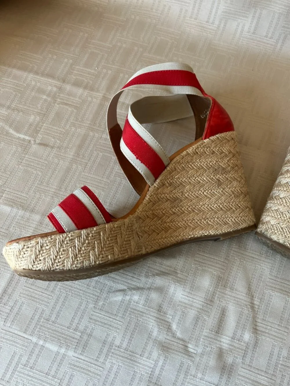 Paul Green Monique Espadrilles Red/White Elastic + Leather Wedge Sandals US 8